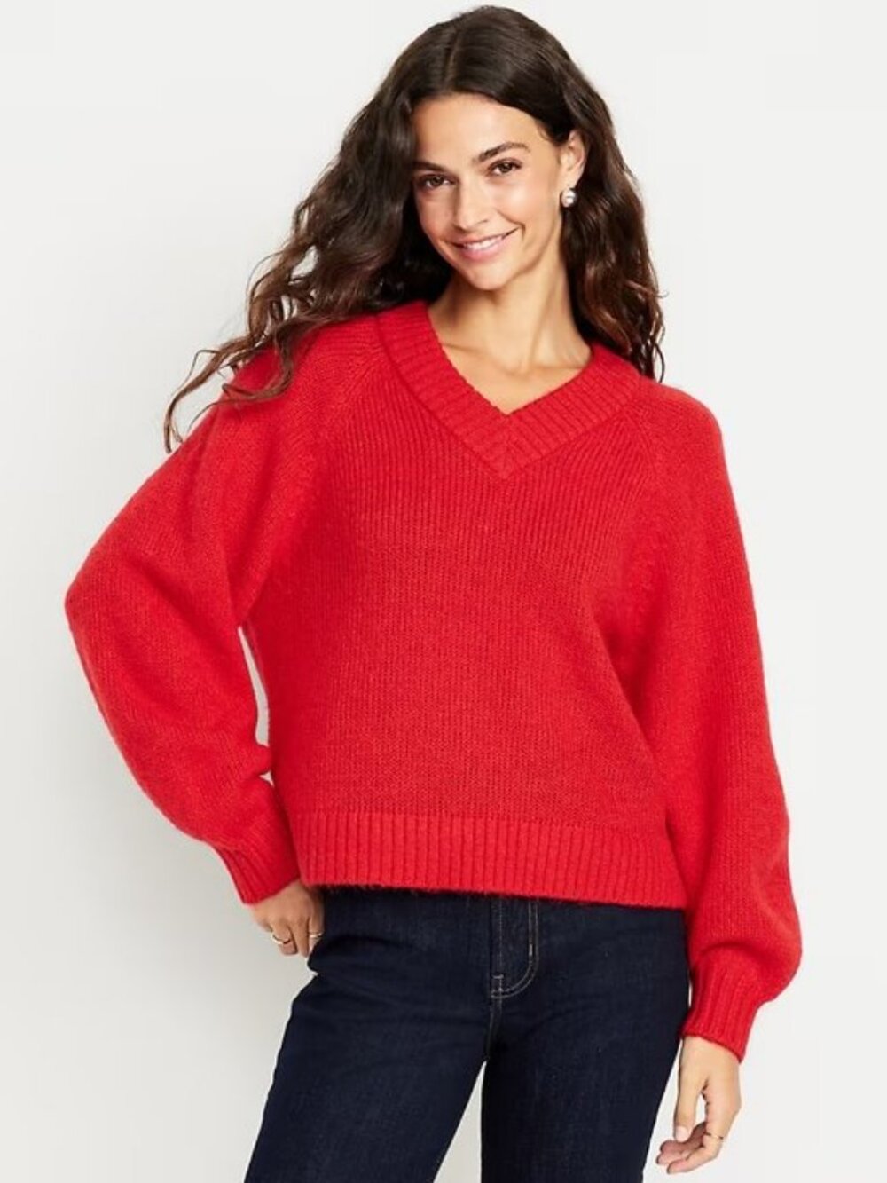 Old Navy Cozy Cropped V-Neck Sweater M Amaryllis Red Wool Blend